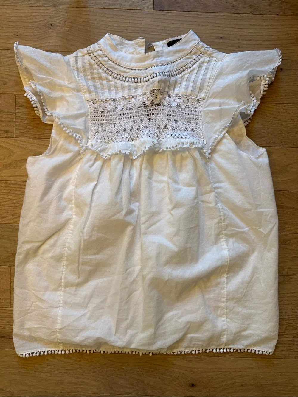 JCREW White Lace Yoke Flutter Sleeve Blouse 100% Cotton & Lined, Size XS